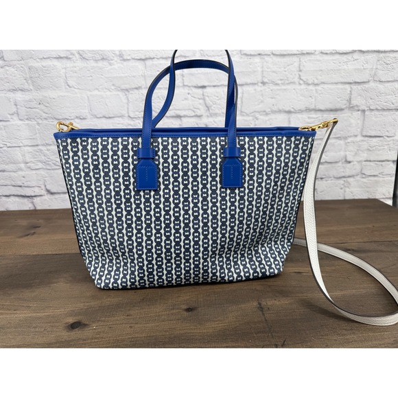 Tory Burch Gemini Link Small Tote Blue Coated Canvas Crossbody Bag Purse Carryon - Picture 5 of 16